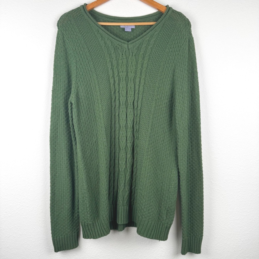 Laura Scott V-Neck Sweater Womens XL Green Excellent Casual Cable Knit Cotton